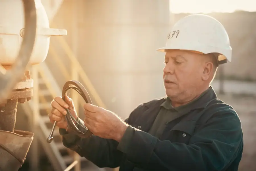 Engineer in a hard hat inspecting machinery in golden-hour light