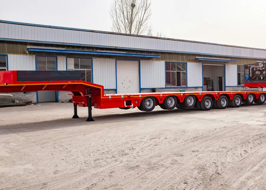 Multi-axle gooseneck lowbed trailer standing in a yard