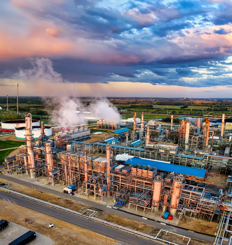Refinery from the air at sunset