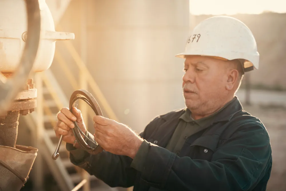 Technician inspecting plant machinery in golden light